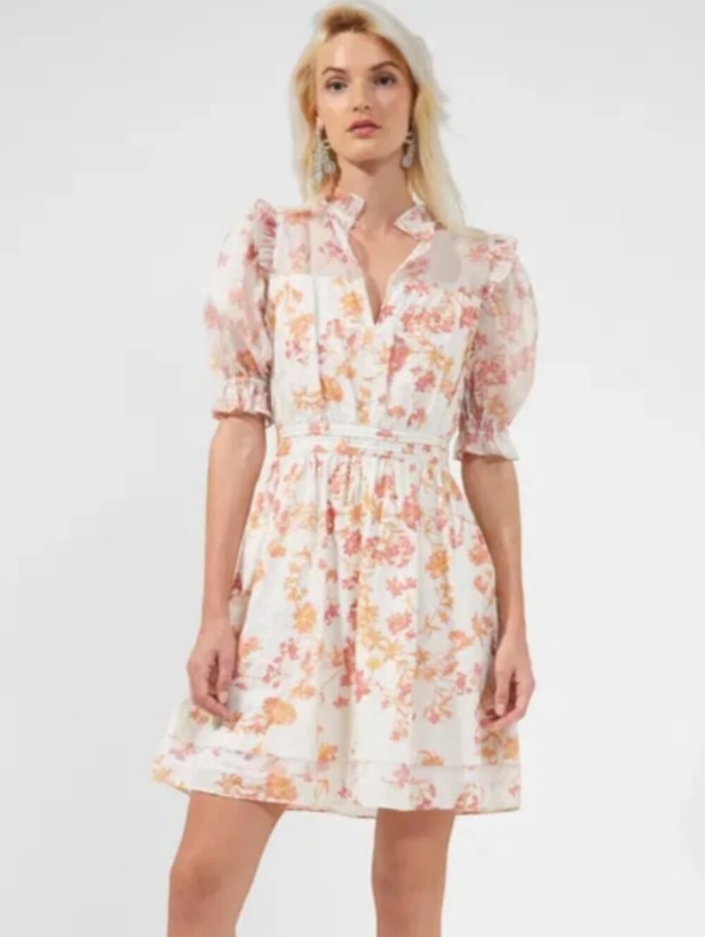 NWT French Connection Diana Foral Puff Sleeve Organic Cotton Mini Dress Size 10